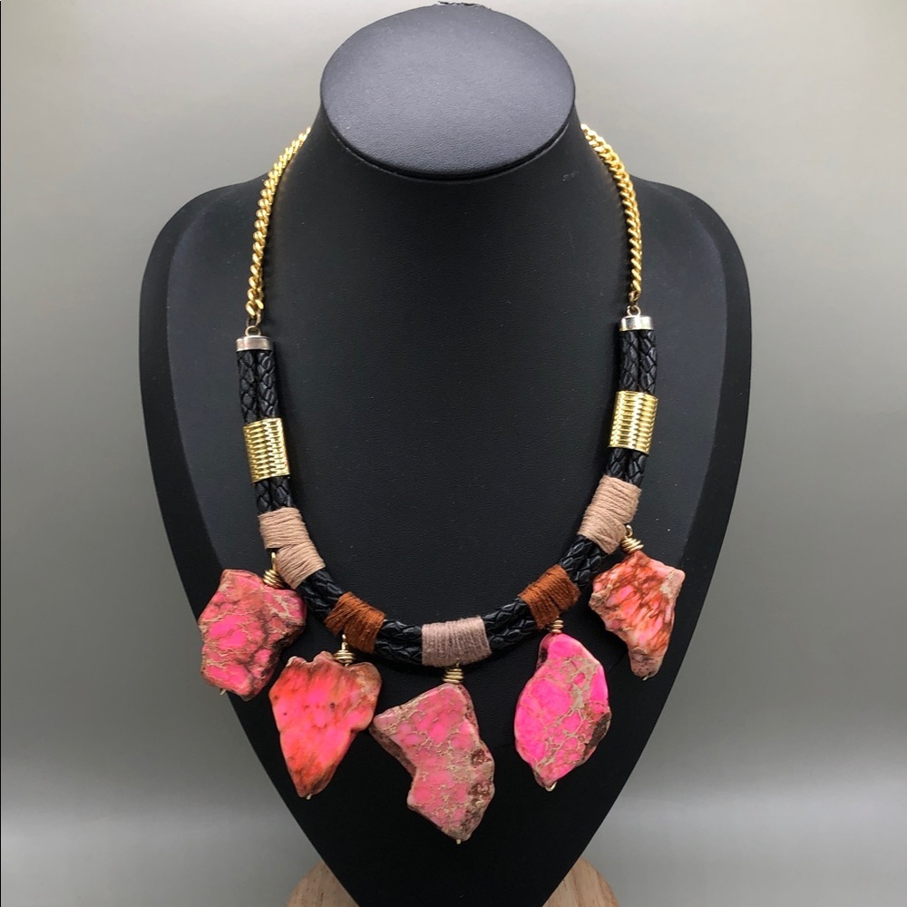 Handmade upcycled pink jasper stone statement style necklace boho festival.